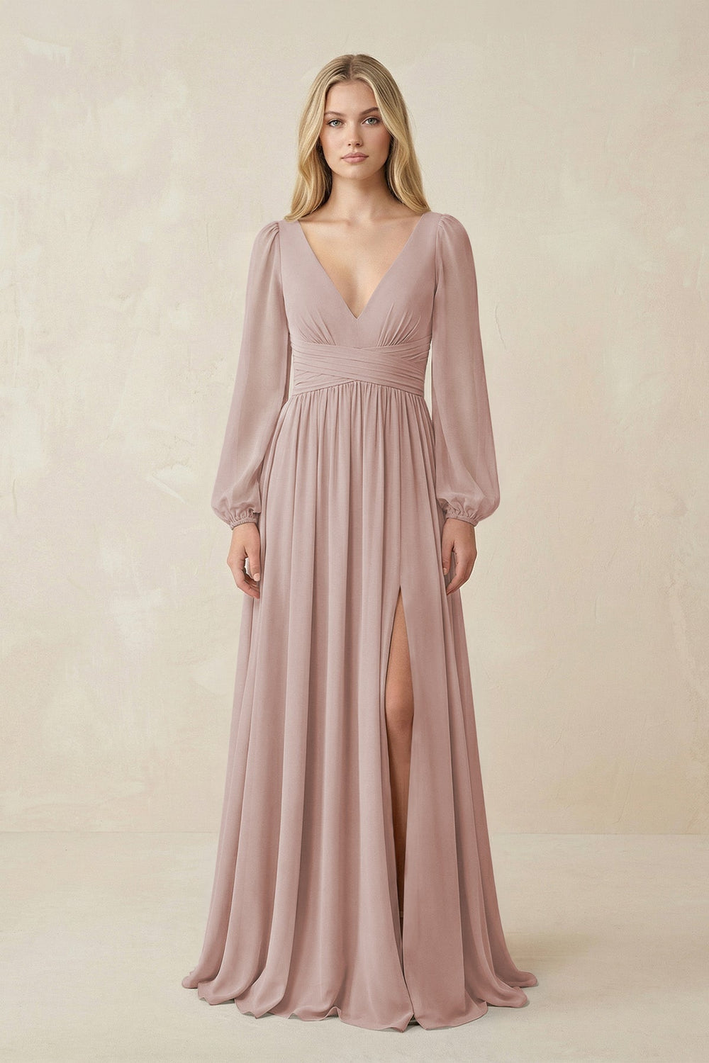 V-Neck Long Sleeve A-Line Chiffon Bridesmaid Dress in Toffee - KissProm BRIDESMAID DRESSES