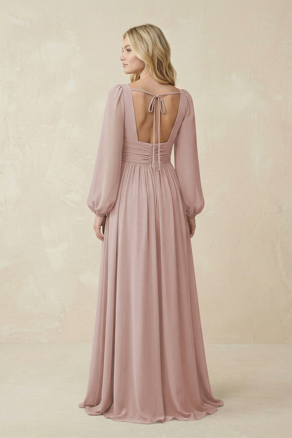 V-Neck Long Sleeve A-Line Chiffon Bridesmaid Dress in Toffee - KissProm BRIDESMAID DRESSES