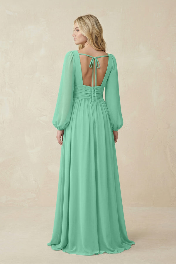 V-Neck Long Sleeve A-Line Chiffon Bridesmaid Dress in Turquoise - KissProm BRIDESMAID DRESSES