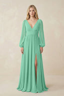 V-Neck Long Sleeve A-Line Chiffon Bridesmaid Dress in Turquoise - KissProm BRIDESMAID DRESSES