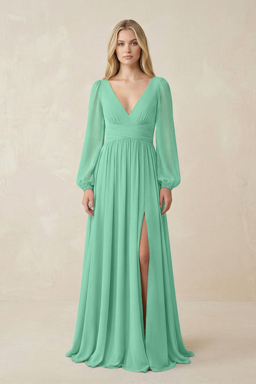 V-Neck Long Sleeve A-Line Chiffon Bridesmaid Dress in Turquoise - KissProm BRIDESMAID DRESSES