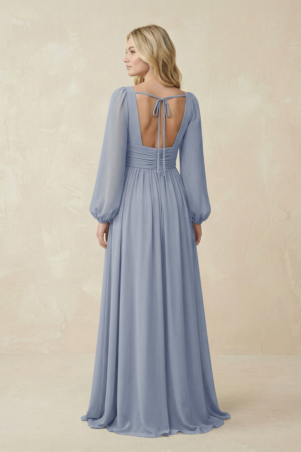 V-Neck Long Sleeve A-Line Chiffon Bridesmaid Dress in Twilight - KissProm BRIDESMAID DRESSES