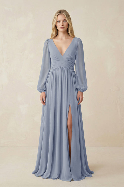 V-Neck Long Sleeve A-Line Chiffon Bridesmaid Dress in Twilight - KissProm BRIDESMAID DRESSES