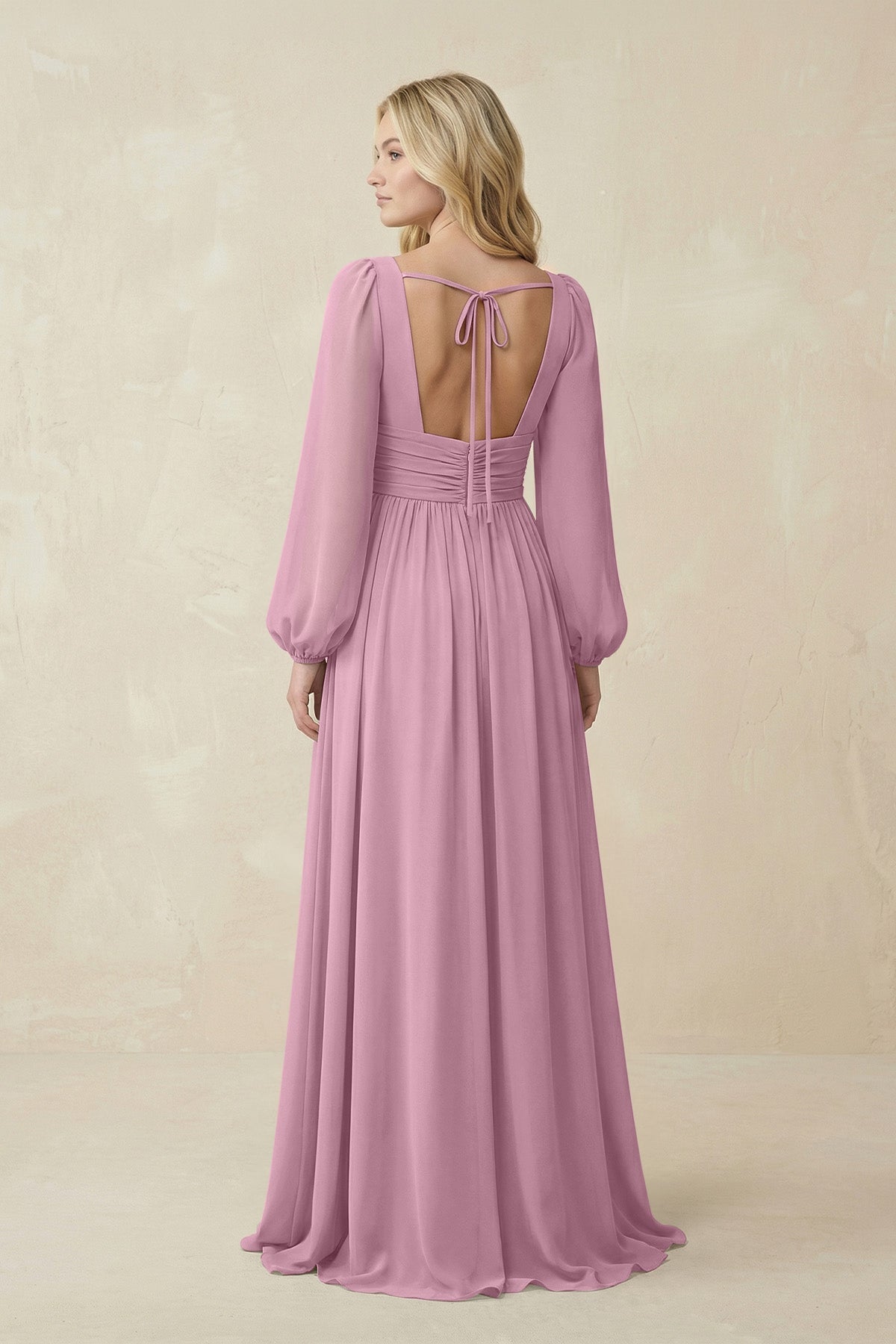 KissProm V-Neck Long Sleeve A-Line Chiffon Bridesmaid Dress in Vintage Mauve, Vintage Mauve / 22