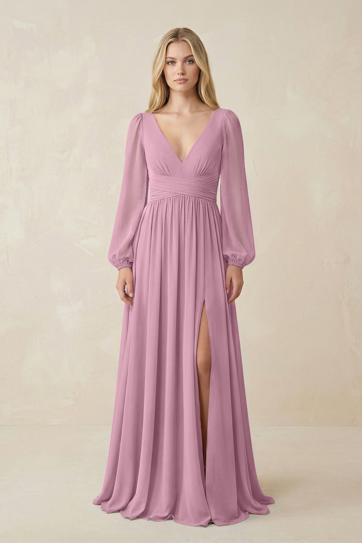 KissProm V-Neck Long Sleeve A-Line Chiffon Bridesmaid Dress in Vintage Mauve, Vintage Mauve / 22