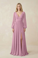 V-Neck Long Sleeve A-Line Chiffon Bridesmaid Dress in Vintage Mauve - KissProm BRIDESMAID DRESSES