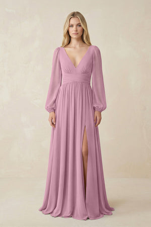 V-Neck Long Sleeve A-Line Chiffon Bridesmaid Dress in Vintage Mauve - KissProm BRIDESMAID DRESSES
