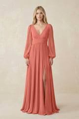V-Neck Long Sleeve A-Line Chiffon Bridesmaid Dress in Wild Rose - KissProm BRIDESMAID DRESSES