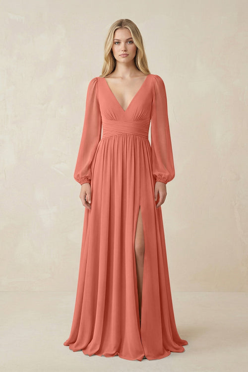 V-Neck Long Sleeve A-Line Chiffon Bridesmaid Dress in Wild Rose - KissProm BRIDESMAID DRESSES