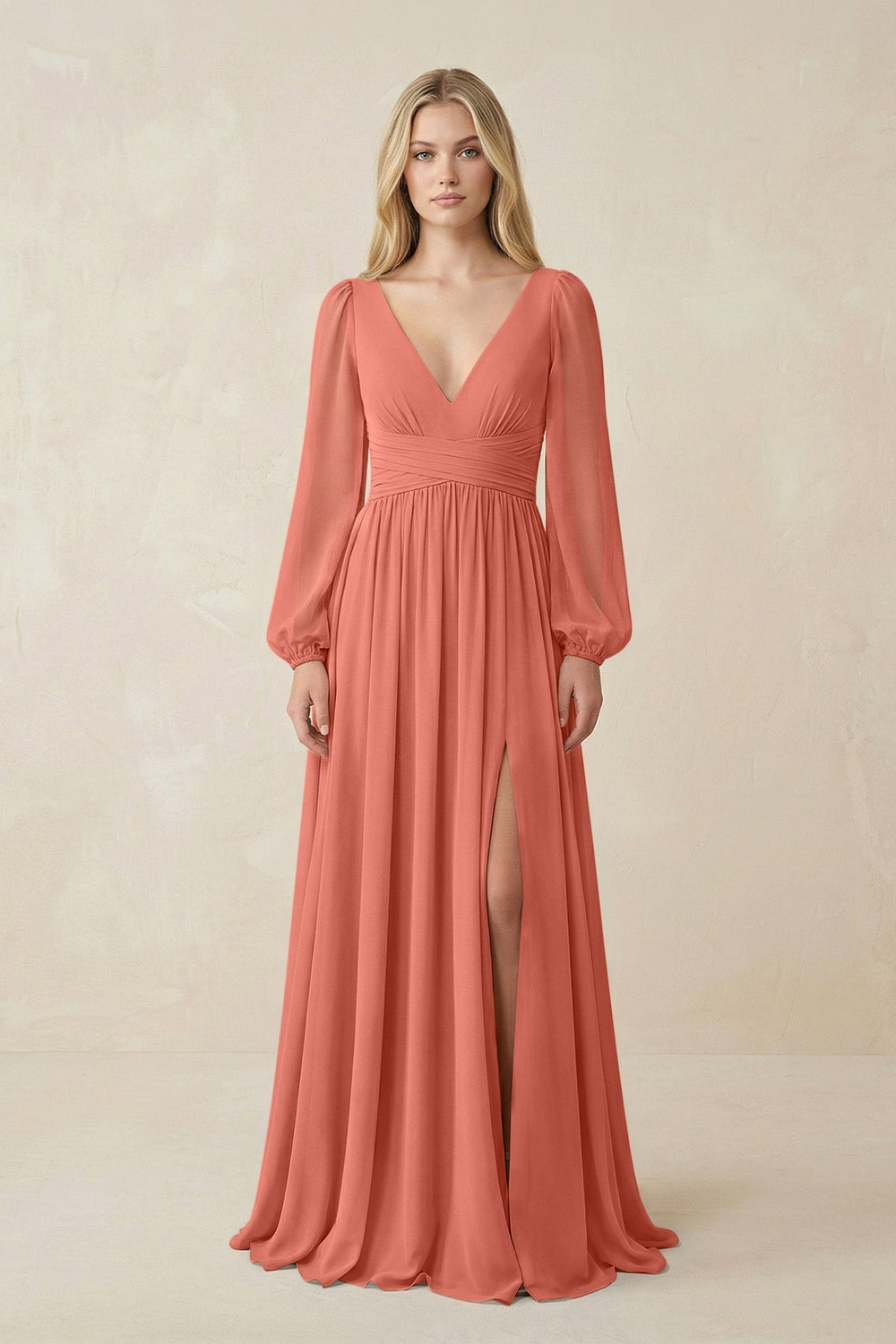V-Neck Long Sleeve A-Line Chiffon Bridesmaid Dress in Wild Rose - KissProm BRIDESMAID DRESSES