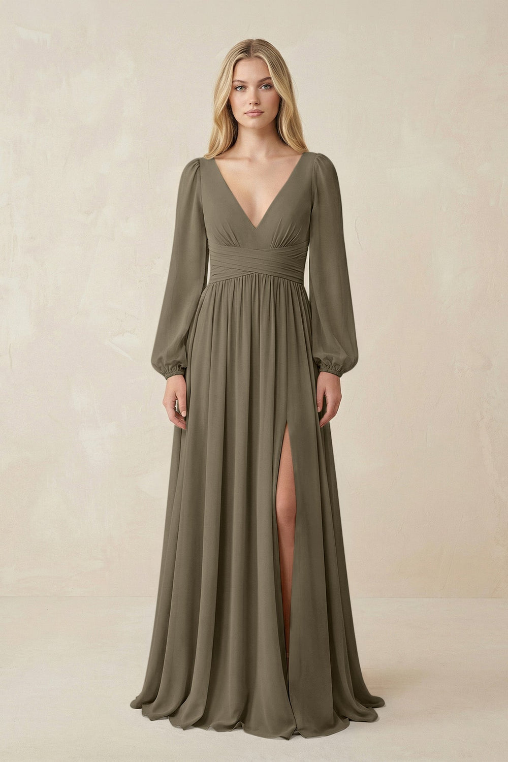 V-Neck Long Sleeve A-Line Chiffon Bridesmaid Dress in Willow Green - KissProm BRIDESMAID DRESSES