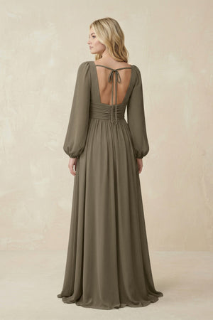 V-Neck Long Sleeve A-Line Chiffon Bridesmaid Dress in Willow Green - KissProm BRIDESMAID DRESSES