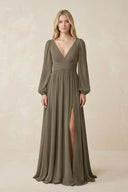 V-Neck Long Sleeve A-Line Chiffon Bridesmaid Dress in Willow Green - KissProm BRIDESMAID DRESSES