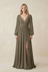 V-Neck Long Sleeve A-Line Chiffon Bridesmaid Dress in Willow Green - KissProm BRIDESMAID DRESSES