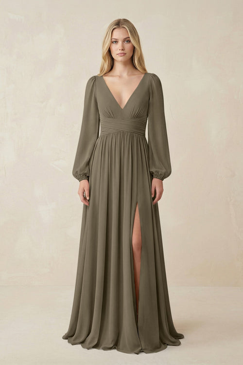 V-Neck Long Sleeve A-Line Chiffon Bridesmaid Dress in Willow Green - KissProm BRIDESMAID DRESSES