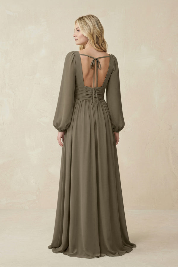 V-Neck Long Sleeve A-Line Chiffon Bridesmaid Dress in Willow Green - KissProm BRIDESMAID DRESSES