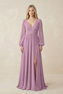 V-Neck Long Sleeve A-Line Chiffon Bridesmaid Dress in Wisteria - KissProm BRIDESMAID DRESSES