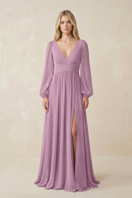 V-Neck Long Sleeve A-Line Chiffon Bridesmaid Dress in Wisteria - KissProm BRIDESMAID DRESSES