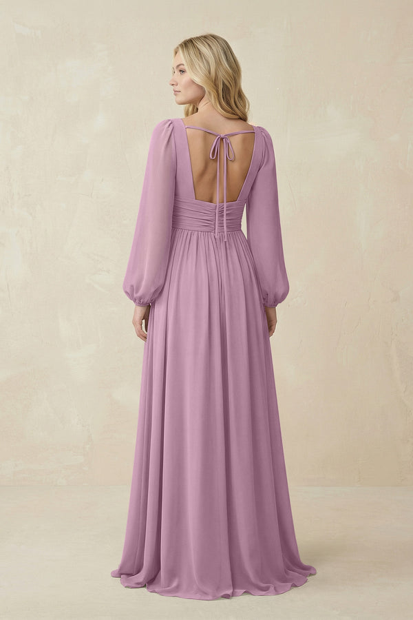 V-Neck Long Sleeve A-Line Chiffon Bridesmaid Dress in Wisteria - KissProm BRIDESMAID DRESSES