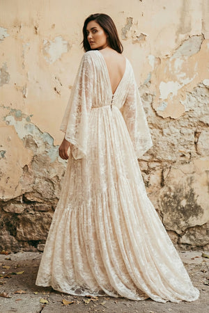 Elysia | A-Line Plunging Neckline Lace Wedding Dress With Open Back