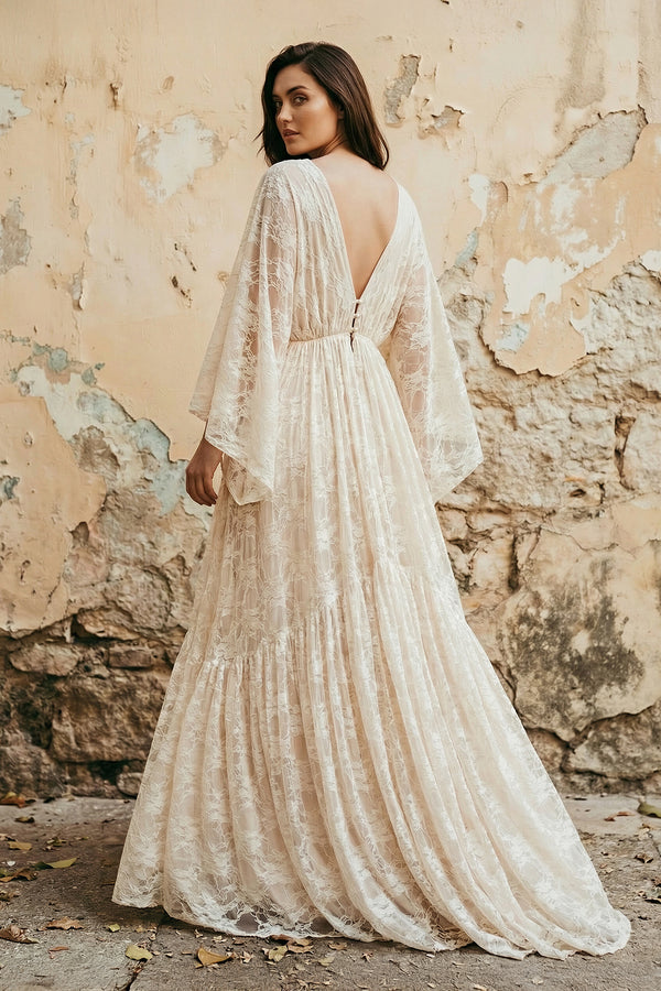 Elysia | A-Line Plunging Neckline Lace Wedding Dress With Open Back