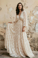 Elysia | A-Line Plunging Neckline Lace Wedding Dress With Open Back
