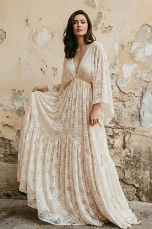 Elysia | A-Line Plunging Neckline Lace Wedding Dress With Open Back