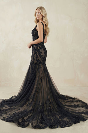 Black Tulle Appliques V-Neck Trumpet Long Wedding Dress – Wedding Dresses by KissProm | Available at KissProm