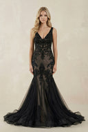 Black Tulle Appliques V-Neck Trumpet Long Wedding Dress – Wedding Dresses by KissProm | Available at KissProm