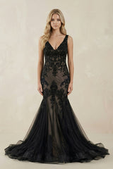 Black Tulle Appliques V-Neck Trumpet Long Wedding Dress – Wedding Dresses by KissProm | Available at KissProm