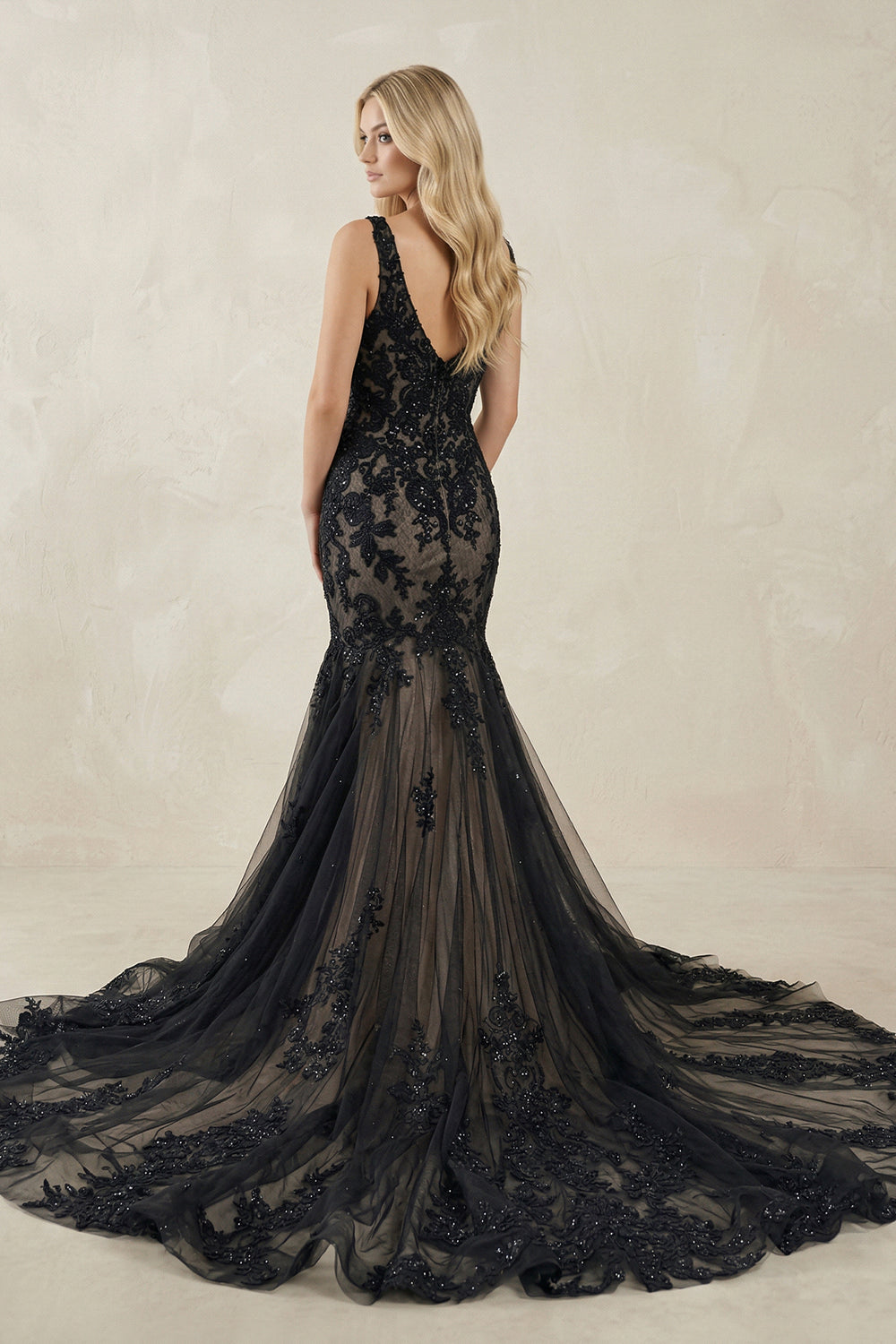 Black Tulle Appliques V-Neck Trumpet Long Wedding Dress – Wedding Dresses by KissProm | Available at KissProm