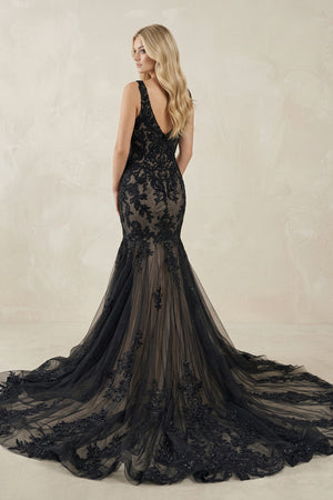 Black Tulle Appliques V-Neck Trumpet Long Wedding Dress – Wedding Dresses by KissProm | Available at KissProm