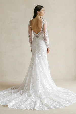 Brilliant Lace Bohemian Deep-V Back Cathedral Train Wedding Dress – Wedding Dresses by KissProm | Available at KissProm