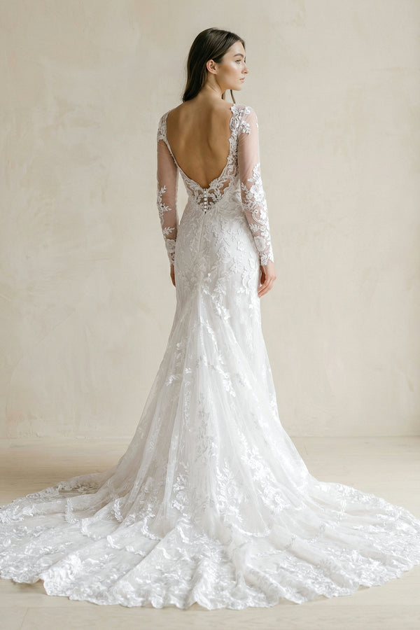 Brilliant Lace Bohemian Deep-V Back Cathedral Train Wedding Dress – Wedding Dresses by KissProm | Available at KissProm