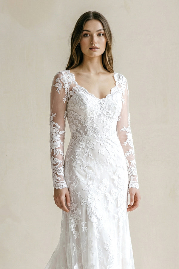 Brilliant Lace Bohemian Deep-V Back Cathedral Train Wedding Dress – Wedding Dresses by KissProm | Available at KissProm