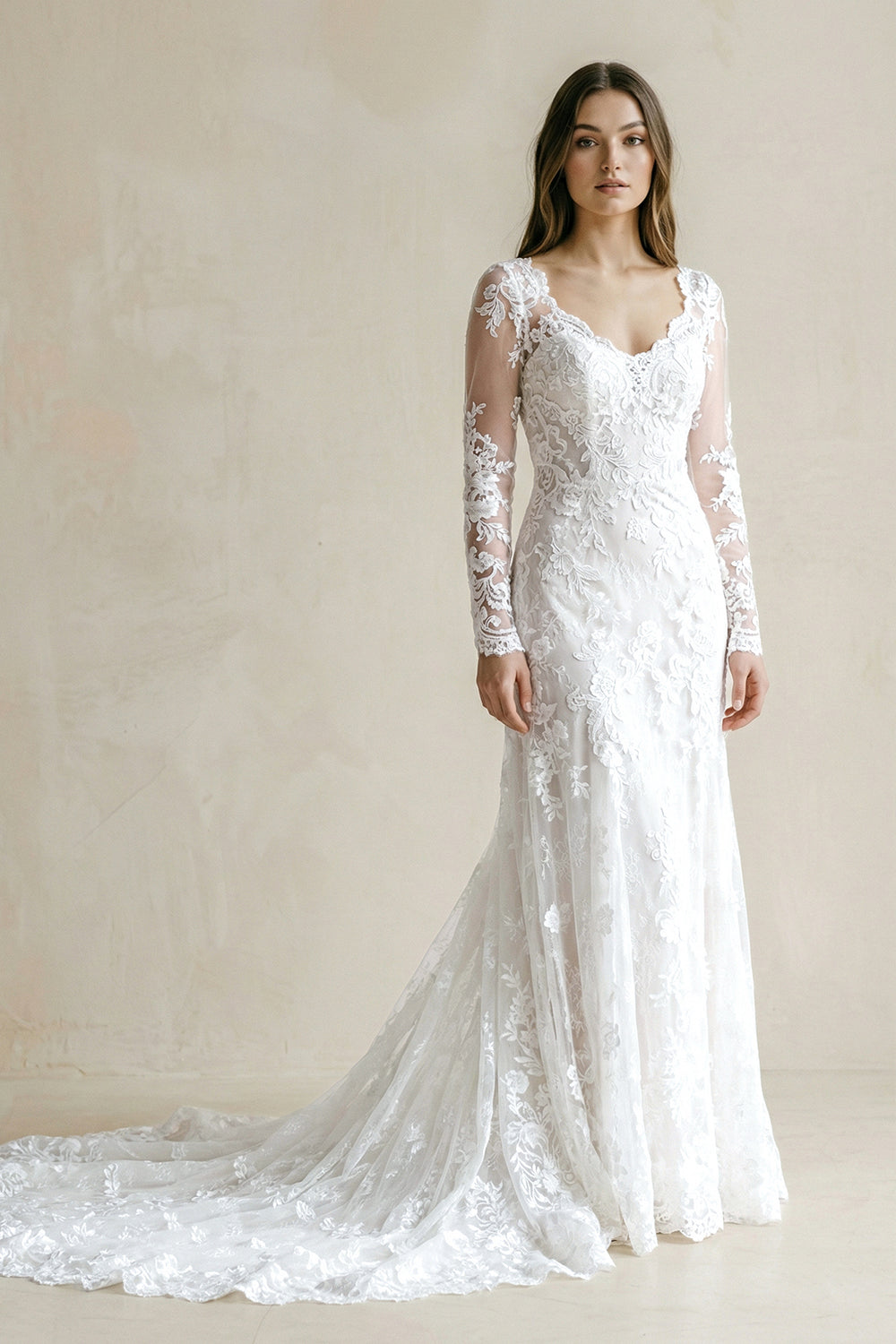 Brilliant Lace Bohemian Deep-V Back Cathedral Train Wedding Dress – Wedding Dresses by KissProm | Available at KissProm