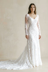 Brilliant Lace Bohemian Deep-V Back Cathedral Train Wedding Dress – Wedding Dresses by KissProm | Available at KissProm