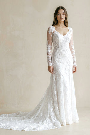 Brilliant Lace Bohemian Deep-V Back Cathedral Train Wedding Dress – Wedding Dresses by KissProm | Available at KissProm