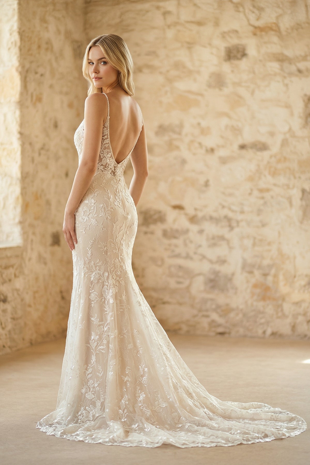 Sexy Mermaid V-neck Lace Sleeveless Wedding Dress with Sweep Train Simple Elegant Ethereal Country Garden, White-Nude / 20 Sexy Mermaid V-neck Lace Sleeveless Wedding Dress with Sweep Train Simple Elegant Ethereal Country Garden, White-Nude / 20