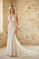 Sexy Mermaid V-neck Lace Sleeveless Wedding Dress with Sweep Train Simple Elegant Ethereal Country Garden – Wedding Dresses by Kissprom | Available at KissProm