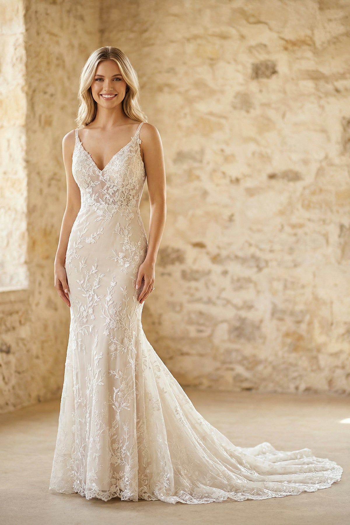 KissProm Sexy Mermaid V-neck Lace Sleeveless Wedding Dress with Sweep Train Simple Elegant Ethereal Country Garden, White-Nude / 20