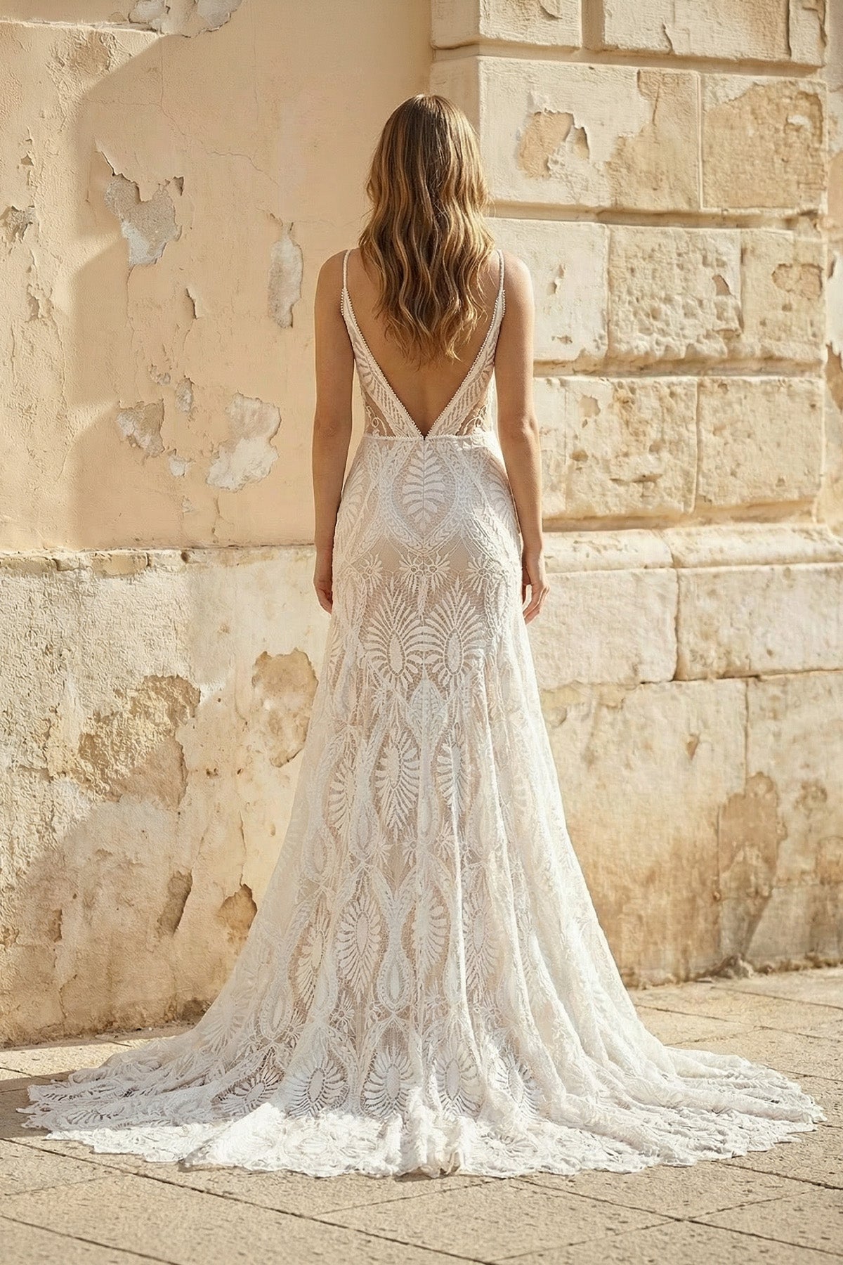 Beach Floral Mermaid Plunging Boho Lace Wedding Dress with Sweep Train, White-Nude / 18