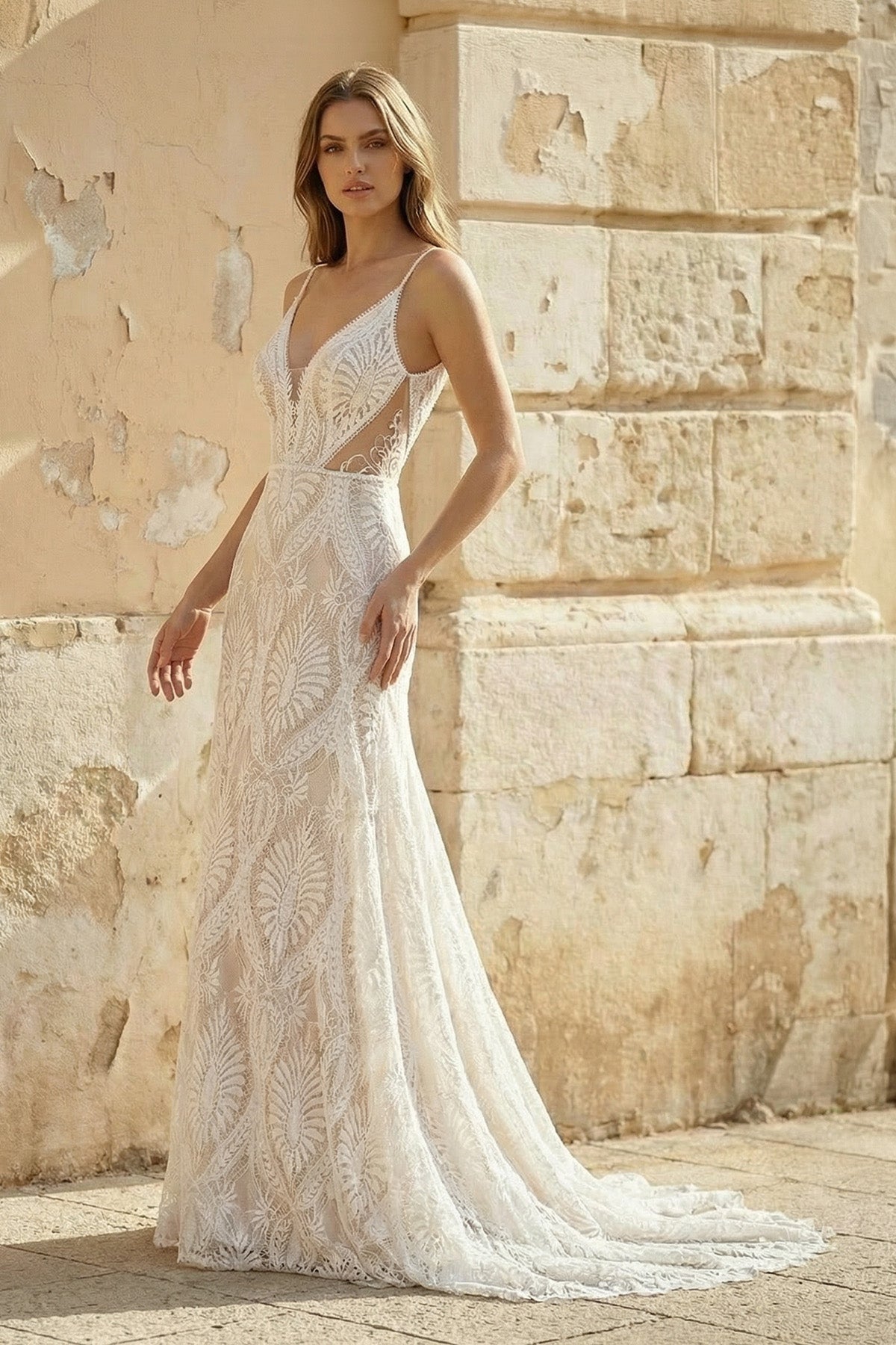 Beach Floral Mermaid Plunging Boho Lace Wedding Dress with Sweep Train, White-Nude / 18
