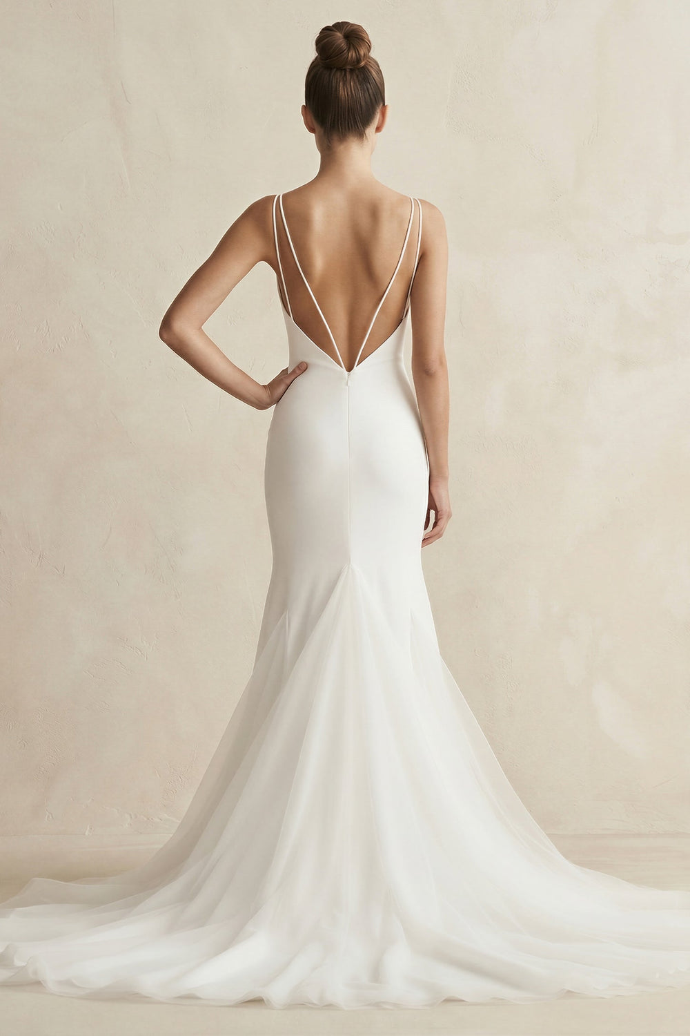 V - Neck Mermaid Satin Ruched Wedding Dress in White - KissProm Wedding Dresses