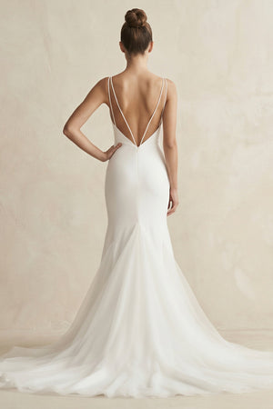 V - Neck Mermaid Satin Ruched Wedding Dress in White - KissProm Wedding Dresses
