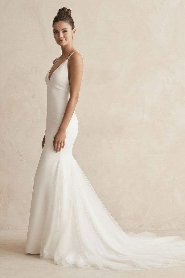 V - Neck Mermaid Satin Ruched Wedding Dress in White - KissProm Wedding Dresses