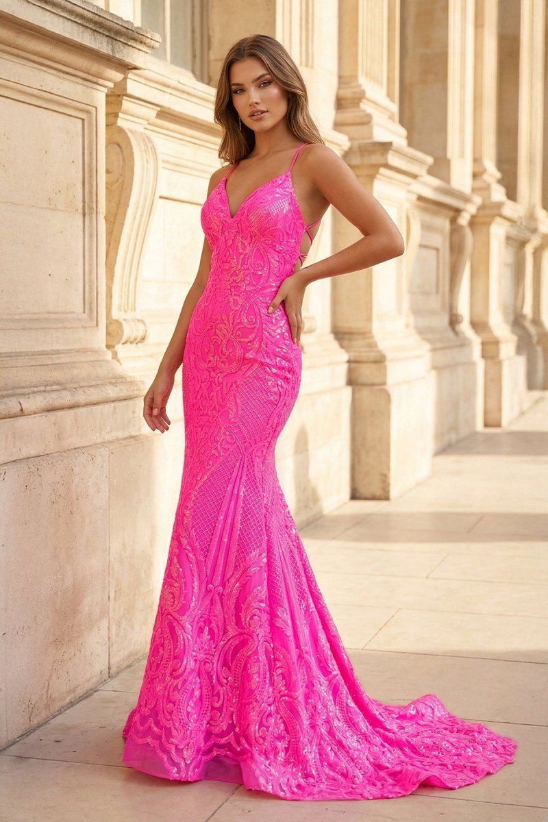 V Neck Pink Glitter Backless Mermaid Bodycon Long Prom Dress - KissProm