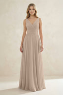 V - Neck Pleated A - Line Bridesmaid Dress in Almond - KissProm Bridesmaid Dresses