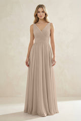 V - Neck Pleated A - Line Bridesmaid Dress in Almond - KissProm Bridesmaid Dresses