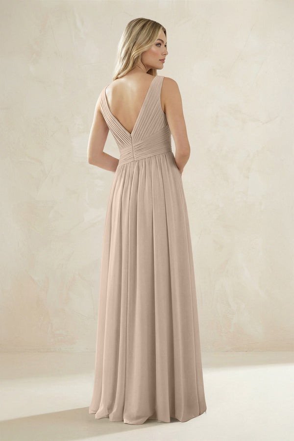 V - Neck Pleated A - Line Bridesmaid Dress in Almond - KissProm Bridesmaid Dresses
